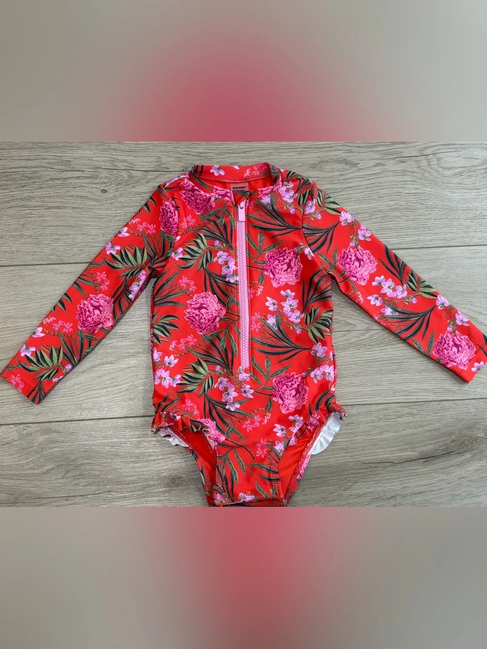 Old Navy Red and Pink Floral Long-Sleeve Kids Rashguard One-Piece